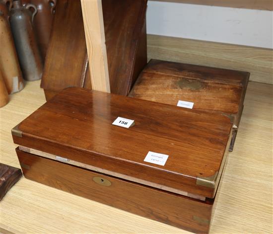 A Victorian oak stationery box, a brass bound hardwood box and a Victorian brass bound walnut writing slope (3)